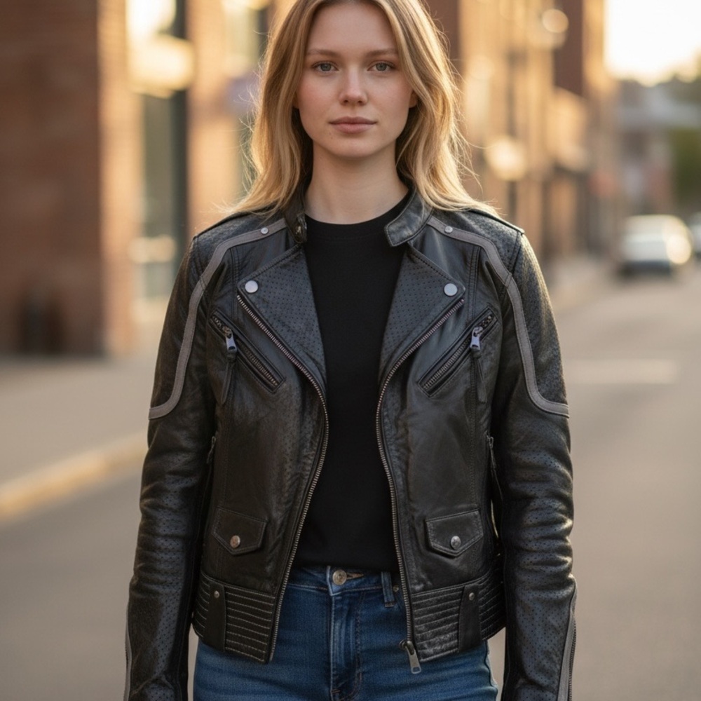 Harley Davidson Women’s Black Hairpin Reflective Leather Riding Jacket Petite